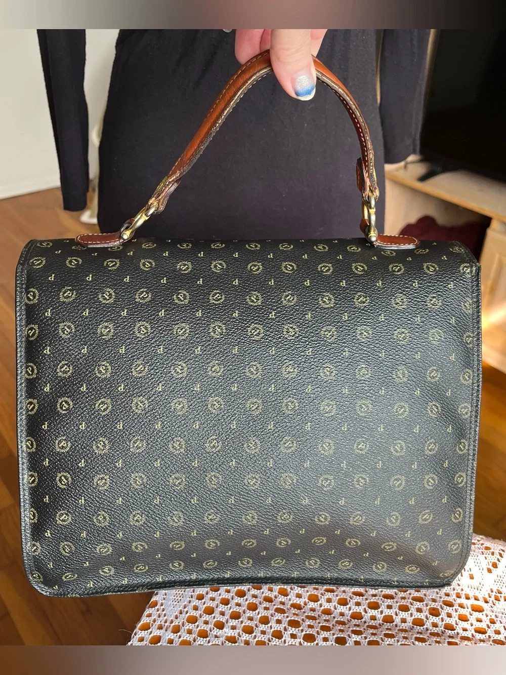 Pollini vintage black monogram leather satchel